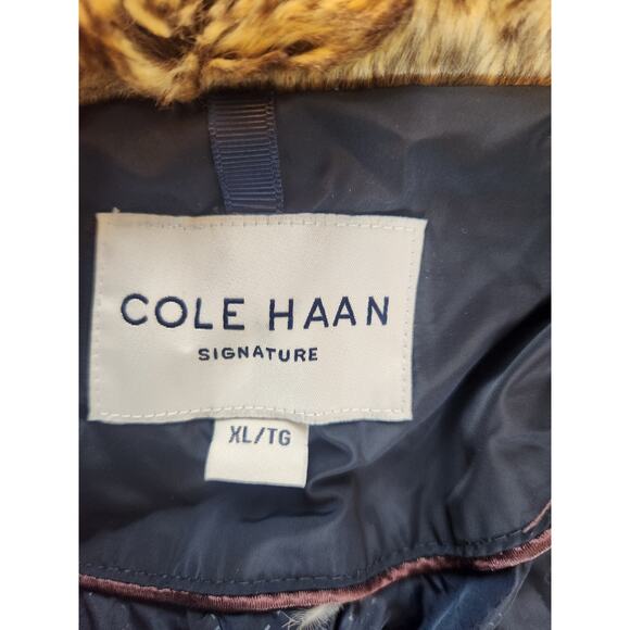 Cole Haan signature down feather puffer coat sz XL faux fur zip front navy brown - Picture 3 of 16